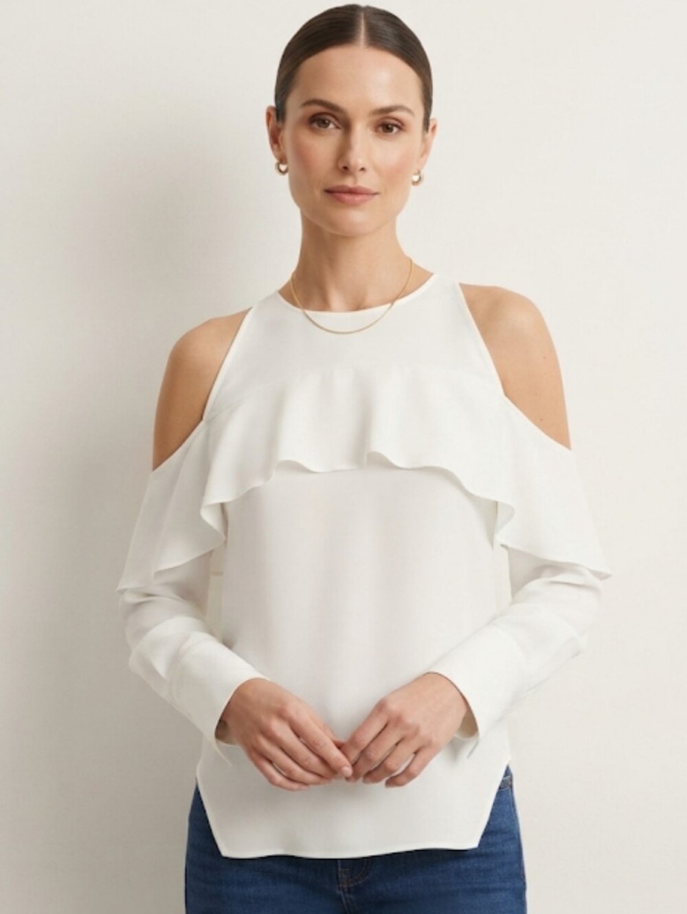 Halston Heritage Ivory Silk Blend Cold Shoulder Ruffle Top Size 0